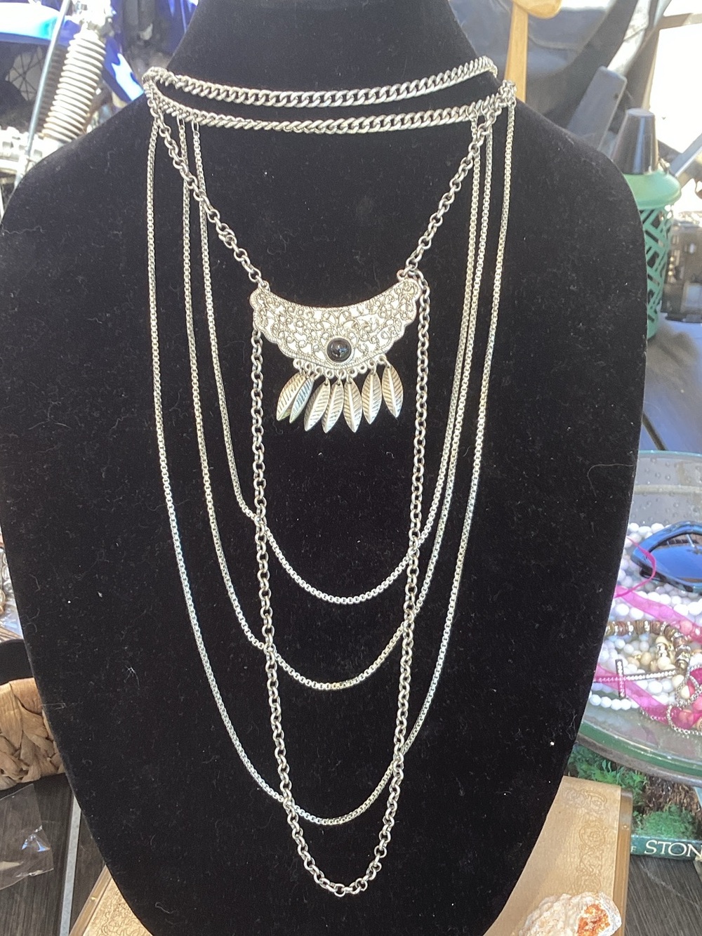 & Other Stories Vintage Layered Silver-Tone Pendant Necklace with Feather Charms
